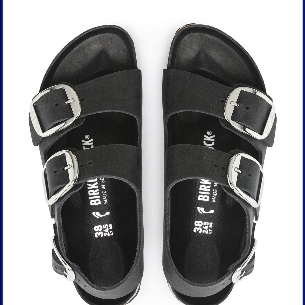 Birkenstock Black Milano Big buckle Slingback Sandals with Metallic Buckles